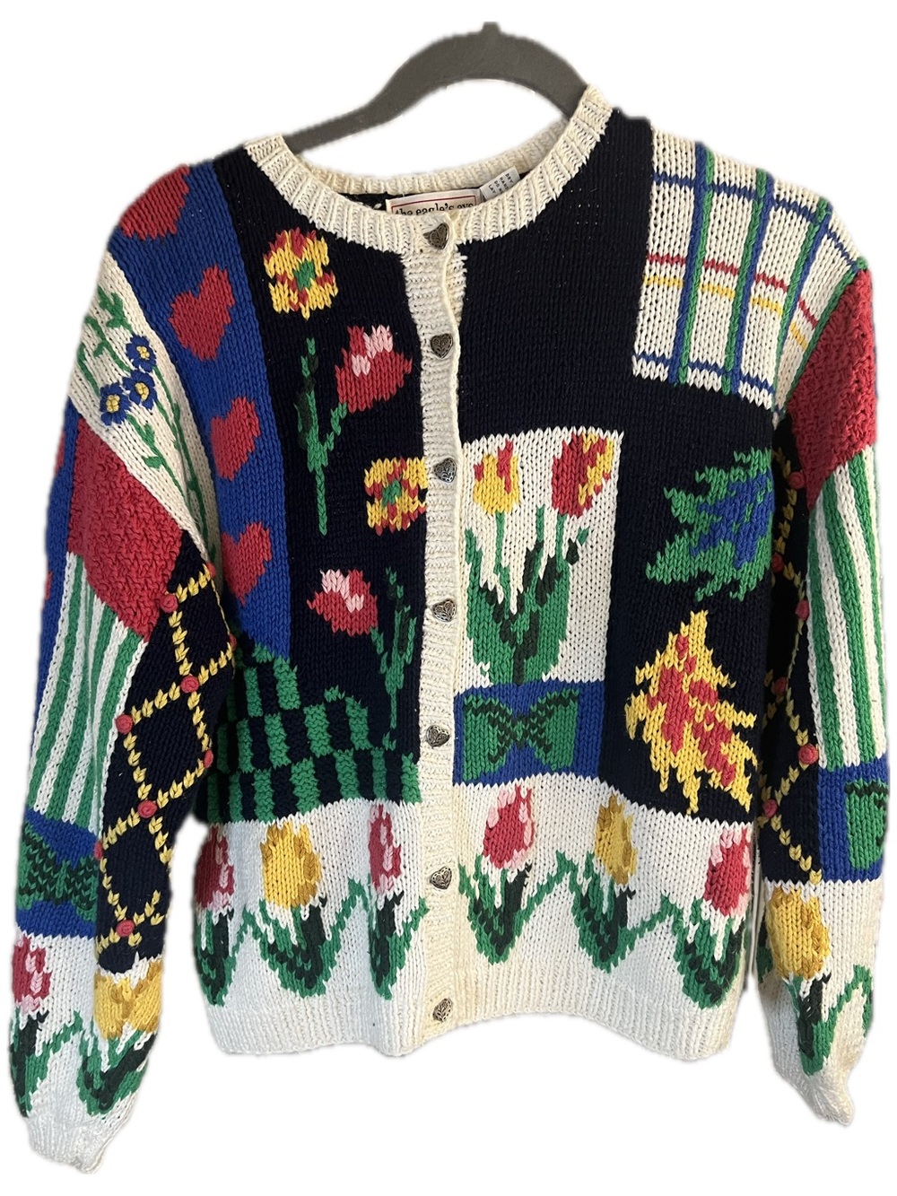 Vintage 90’s Eagles Eye Handknit patchwork Floral Button-Front Cardigan Sweater